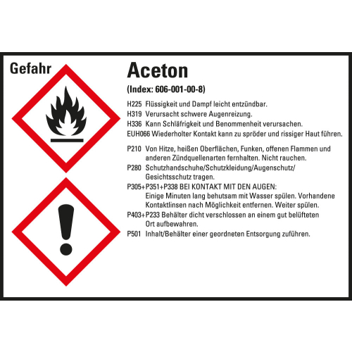Gefahrstoffkennzeichen: Aceton, 2 GHS Symbole mit Text, Folie selbstklebend, 105 x 74 mm, 8 St./Bogen Gefahrstoffkennzeichen: Aceton, 2 GHS Symbole mit Text, Folie selbstklebend, 105 x 74 mm, 8 St./Bogen