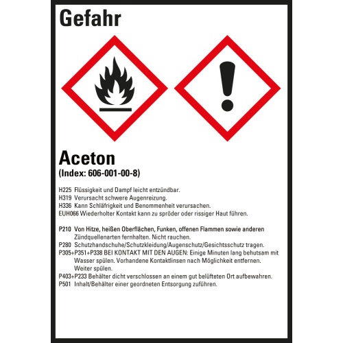 Gefahrstoffkennzeichen: Aceton, 2 GHS Symbole mit Text, Folie selbstklebend, 52 x 74 mm, 10 St./Bogen