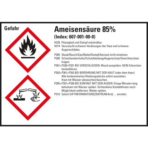 Gefahrstoffkennzeichen: Ameisensäure 85%, 2 GHS Symbole mit Text, Folie selbstklebend, 105 x 74 mm, 8 St./Bogen Gefahrstoffkennzeichen: Ameisensäure 85%, 2 GHS Symbole mit Text, Folie selbstklebend, 105 x 74 mm, 8 St./Bogen