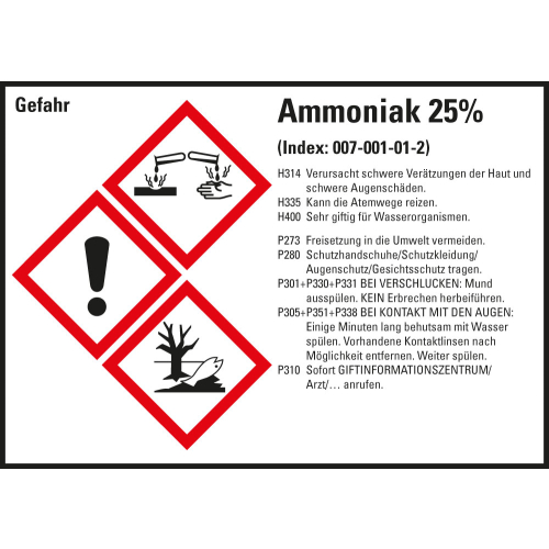 Gefahrstoffkennzeichen: Ammoniak 25%, 3 GHS Symbole mit Text, Folie selbstklebend, 148 x 105 mm, 4 St./Bogen Gefahrstoffkennzeichen: Ammoniak 25%, 3 GHS Symbole mit Text, Folie selbstklebend, 148 x 105 mm, 4 St./Bogen