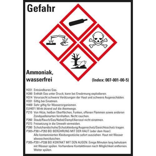 Gefahrstoffkennzeichen: Ammoniak, wasserfrei, 4 GHS Symbole mit Text, Folie selbstklebend, 52 x 74 mm, 10 St./Bogen Gefahrstoffkennzeichen: Ammoniak, wasserfrei, 4 GHS Symbole mit Text, Folie selbstklebend, 52 x 74 mm, 10 St./Bogen