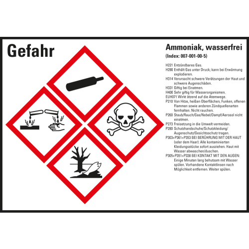 Gefahrstoffkennzeichen: Ammoniak, wasserfrei, 4 GHS Symbole mit Text, Folie selbstklebend, 105 x 74 mm, 8 St./Bogen Gefahrstoffkennzeichen: Ammoniak, wasserfrei, 4 GHS Symbole mit Text, Folie selbstklebend, 105 x 74 mm, 8 St./Bogen