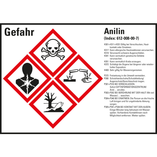 Gefahrstoffkennzeichen: Anilin, 4 GHS Symbole mit Text, Folie selbstklebend, 105 x 74 mm, 8 St./Bogen Gefahrstoffkennzeichen: Anilin, 4 GHS Symbole mit Text, Folie selbstklebend, 105 x 74 mm, 8 St./Bogen