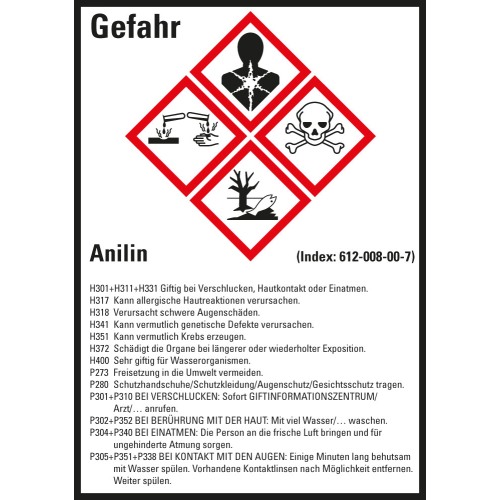 Gefahrstoffkennzeichen: Anilin, 4 GHS Symbole mit Text, Folie selbstklebend, 52 x 74 mm, 10 St./Bogen Gefahrstoffkennzeichen: Anilin, 4 GHS Symbole mit Text, Folie selbstklebend, 52 x 74 mm, 10 St./Bogen