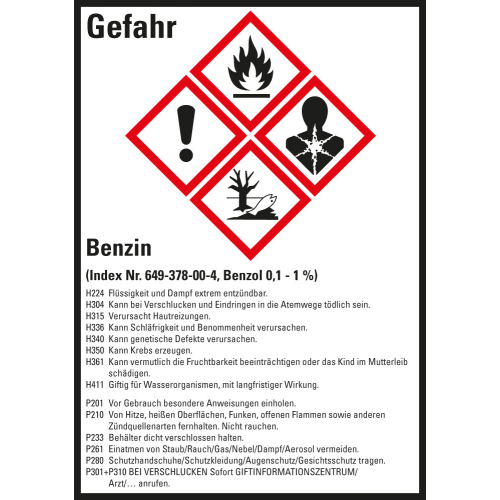 Gefahrstoffkennzeichen: Benzin, 4 GHS Symbole mit Text, Folie selbstklebend, 52 x 74 mm, 10 St./Bogen