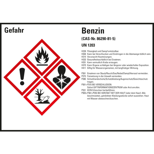 Gefahrstoffkennzeichen: Benzin UN1203, 4 GHS Symbole mit Text, Folie selbstklebend, 148 x 105 mm, 4 St./Bogen