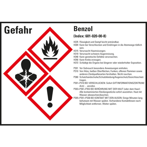 Gefahrstoffkennzeichen: Benzol, 3 GHS Symbole mit Text, Folie selbstklebend, 105 x 74 mm, 8 St./Bogen