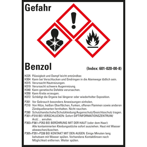 Gefahrstoffkennzeichen: Benzol, 3 GHS Symbole mit Text, Folie selbstklebend, 52 x 74 mm, 10 St./Bogen