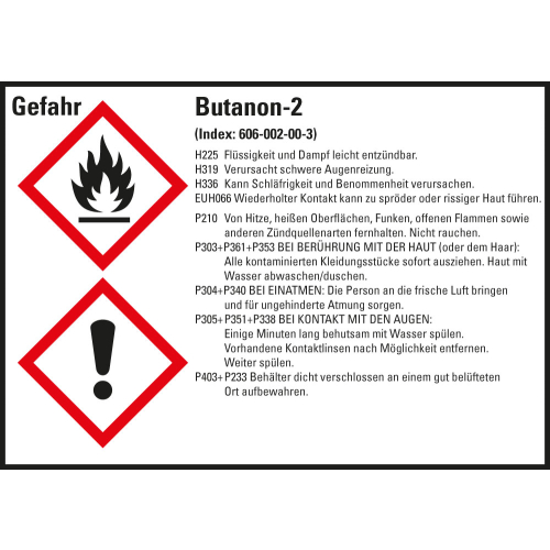 Gefahrstoffkennzeichen: Butanon-2, 2 GHS Symbole mit Text, Folie selbstklebend, 105 x 74 mm, 8 St./Bogen