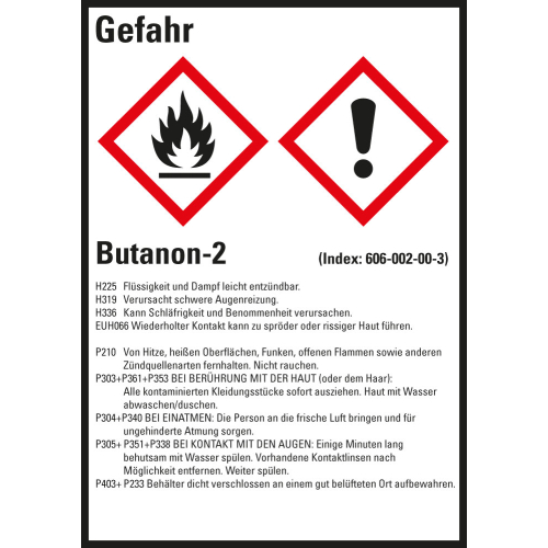 Gefahrstoffkennzeichen: Butanon-2, 2 GHS Symbole mit Text, Folie selbstklebend, 52 x 74 mm, 10 St./Bogen