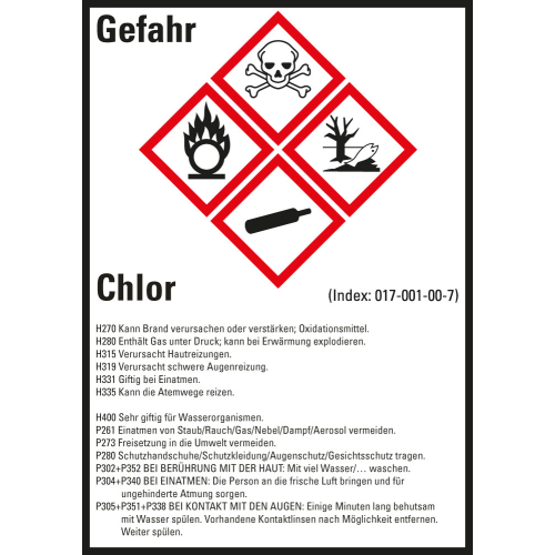 Gefahrstoffkennzeichen: Chlor, 4 GHS Symbole mit Text, Folie selbstklebend, 52 x 74 mm, 10 St./Bogen Gefahrstoffkennzeichen: Chlor, 4 GHS Symbole mit Text, Folie selbstklebend, 52 x 74 mm, 10 St./Bogen