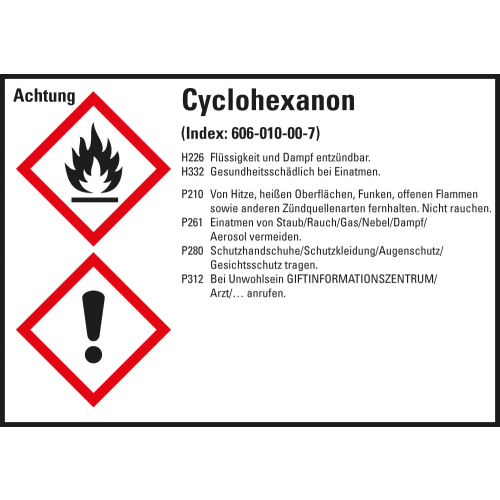 Gefahrstoffkennzeichen: Cyclohexanon, 2 GHS Symbole mit Text, Folie selbstklebend, 105 x 74 mm, 8 St./Bogen Gefahrstoffkennzeichen: Cyclohexanon, 2 GHS Symbole mit Text, Folie selbstklebend, 105 x 74 mm, 8 St./Bogen