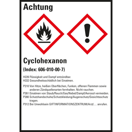 Gefahrstoffkennzeichen: Cyclohexanon, 2 GHS Symbole mit Text, Folie selbstklebend, 52 x 74 mm, 10 St./Bogen Gefahrstoffkennzeichen: Cyclohexanon, 2 GHS Symbole mit Text, Folie selbstklebend, 52 x 74 mm, 10 St./Bogen