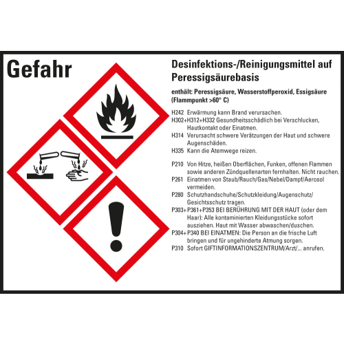 Gefahrstoffkennzeichen: Desinfektions-/Reinigungsmittel auf Peressigsäurebasis, 3 GHS Symbole mit Text, Folie selbstklebend, 148 x 105 mm, 4 St./Bogen