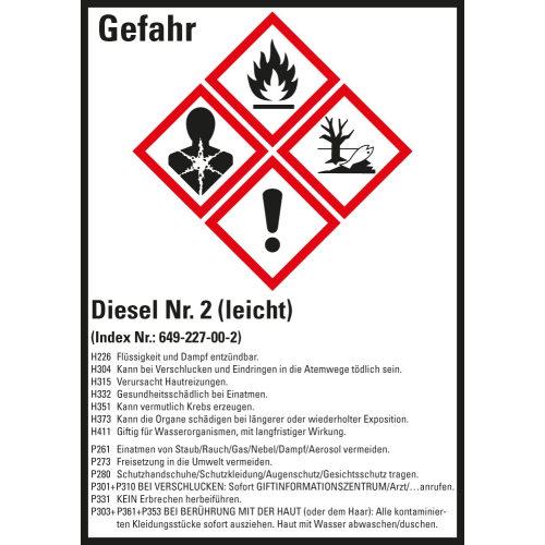 Gefahrstoffkennzeichen: Diesel Nr. 2 (leicht), 4 GHS Symbole mit Text, Folie selbstklebend, 52 x 74 mm, 10 St./Bogen Gefahrstoffkennzeichen: Diesel Nr. 2 (leicht), 4 GHS Symbole mit Text, Folie selbstklebend, 52 x 74 mm, 10 St./Bogen