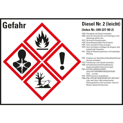 Gefahrstoffkennzeichen: Diesel Nr. 2 (leicht), 4 GHS Symbole mit Text, Folie selbstklebend, 105 x 74 mm, 8 St./Bogen Gefahrstoffkennzeichen: Diesel Nr. 2 (leicht), 4 GHS Symbole mit Text, Folie selbstklebend, 105 x 74 mm, 8 St./Bogen