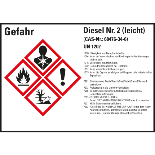 Gefahrstoffkennzeichen: Diesel Nr. 2 (leicht) UN 1202, 4 GHS Symbole mit Text, Folie selbstklebend, 148 x 105 mm, 4 St./Bogen Gefahrstoffkennzeichen: Diesel Nr. 2 (leicht) UN 1202, 4 GHS Symbole mit Text, Folie selbstklebend, 148 x 105 mm, 4 St./Bogen