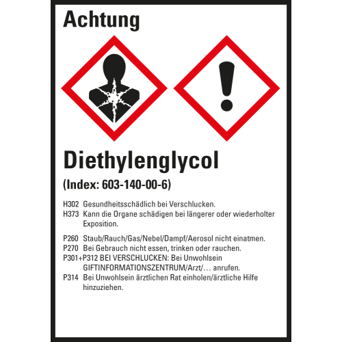 Gefahrstoffkennzeichen: Diethylenglycol, 2 GHS Symbole mit Text, Folie selbstklebend, 52 x 74 mm, 10 St./Bogen Gefahrstoffkennzeichen: Diethylenglycol, 2 GHS Symbole mit Text, Folie selbstklebend, 52 x 74 mm, 10 St./Bogen