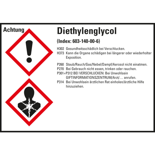Gefahrstoffkennzeichen: Diethylenglycol, 2 GHS Symbole mit Text, Folie selbstklebend, 105 x 74 mm, 8 St./Bogen Gefahrstoffkennzeichen: Diethylenglycol, 2 GHS Symbole mit Text, Folie selbstklebend, 105 x 74 mm, 8 St./Bogen