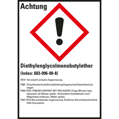 Gefahrstoffkennzeichen: Diethylenglycolmonobutylether, 1 GHS Symbol mit Text, Folie selbstklebend, 52 x 74 mm, 10 St./Bogen