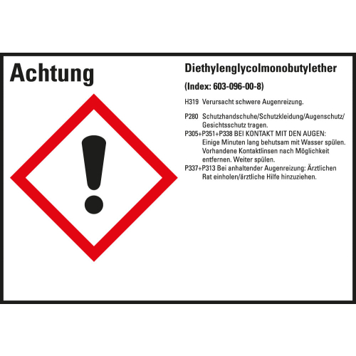Gefahrstoffkennzeichen: Diethylenglycolmonobutylether, 1 GHS Symbol mit Text, Folie selbstklebend, 148 x 105 mm, 4 St./Bogen Gefahrstoffkennzeichen: Diethylenglycolmonobutylether, 1 GHS Symbol mit Text, Folie selbstklebend, 148 x 105 mm, 4 St./Bogen