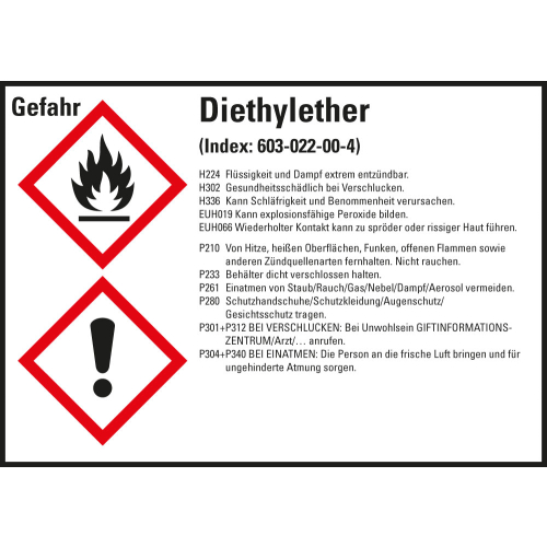 Gefahrstoffkennzeichen: Diethylether, 2 GHS Symbole mit Text, Folie selbstklebend, 105 x 74 mm, 8 St./Bogen Gefahrstoffkennzeichen: Diethylether, 2 GHS Symbole mit Text, Folie selbstklebend, 105 x 74 mm, 8 St./Bogen