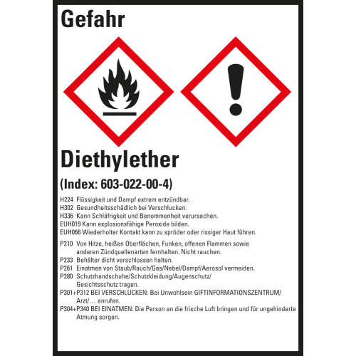 Gefahrstoffkennzeichen: Diethylether, 2 GHS Symbole mit Text, Folie selbstklebend, 52 x 74 mm, 10 St./Bogen Gefahrstoffkennzeichen: Diethylether, 2 GHS Symbole mit Text, Folie selbstklebend, 52 x 74 mm, 10 St./Bogen