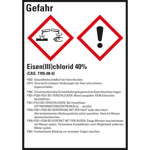Gefahrstoffkennzeichen: Eisen (III) chlorid 40%, 2 GHS Symbole mit Text, Folie selbstklebend, 52 x 74 mm, 10 St./Bogen Gefahrstoffkennzeichen: Eisen (III) chlorid 40%, 2 GHS Symbole mit Text, Folie selbstklebend, 52 x 74 mm, 10 St./Bogen