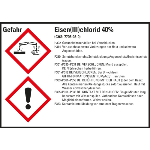 Gefahrstoffkennzeichen: Eisen (III) chlorid 40%, 2 GHS Symbole mit Text, Folie selbstklebend, 148 x 105 mm, 4 St./Bogen