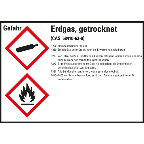 Gefahrstoffkennzeichen: Erdgas, getrocknet, 2 GHS Symbole mit Text, Folie selbstklebend, 148 x 105 mm, 4 St./Bogen