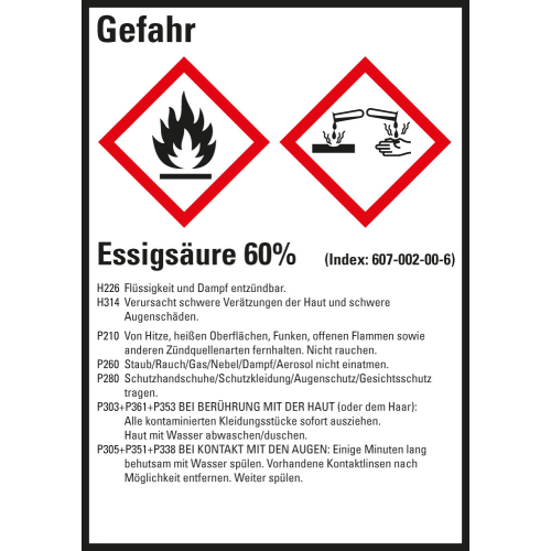 Gefahrstoffkennzeichen: Essigsäure 60%, 2 GHS Symbole mit Text, Folie selbstklebend, 52 x 74 mm, 10 St./Bogen Gefahrstoffkennzeichen: Essigsäure 60%, 2 GHS Symbole mit Text, Folie selbstklebend, 52 x 74 mm, 10 St./Bogen