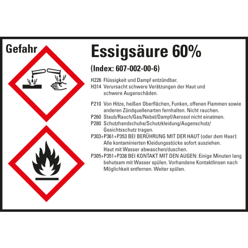 Gefahrstoffkennzeichen: Essigsäure 60%, 2 GHS Symbole mit Text, Folie selbstklebend, 148 x 105 mm, 4 St./Bogen Gefahrstoffkennzeichen: Essigsäure 60%, 2 GHS Symbole mit Text, Folie selbstklebend, 148 x 105 mm, 4 St./Bogen