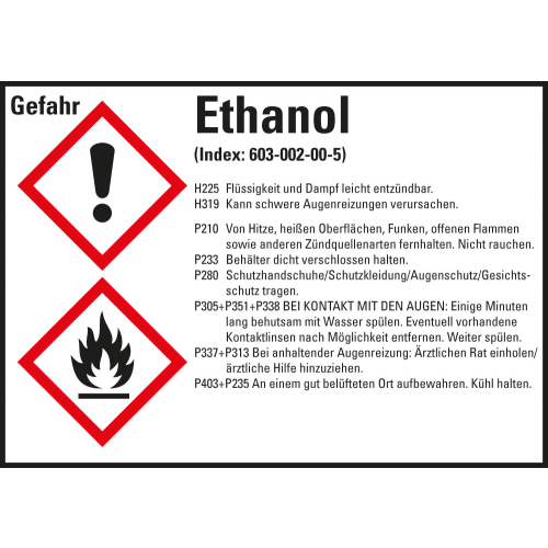 Gefahrstoffkennzeichen: Ethanol, 2 GHS Symbole mit Text, Folie selbstklebend, 105 x 74 mm, 8 St./Bogen