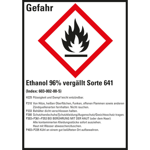 Gefahrstoffkennzeichen: Ethanol 96% vergällt Sorte 641, 1 GHS Symbol mit Text, Folie selbstklebend, 52 x 74 mm, 10 St./Bogen