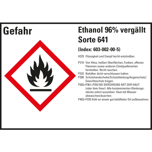 Gefahrstoffkennzeichen: Ethanol 96% vergällt Sorte 641, 1 GHS Symbol mit Text, Folie selbstklebend, 148 x 105 mm, 4 St./Bogen
