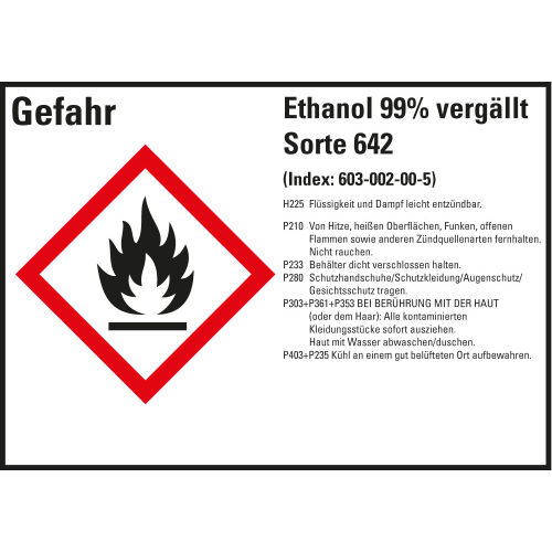Gefahrstoffkennzeichen: Ethanol 99% vergällt Sorte 642, 1 GHS Symbol mit Text, Folie selbstklebend, 148 x 105 mm, 4 St./Bogen Gefahrstoffkennzeichen: Ethanol 99% vergällt Sorte 642, 1 GHS Symbol mit Text, Folie selbstklebend, 148 x 105 mm, 4 St./Bogen