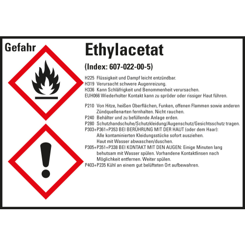 Gefahrstoffkennzeichen: Ethylacetat, 2 GHS Symbole mit Text, Folie selbstklebend, 148 x 105 mm, 4 St./Bogen