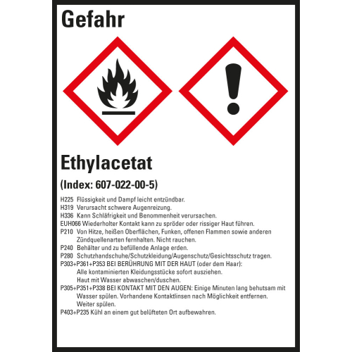 Gefahrstoffkennzeichen: Ethylacetat, 2 GHS Symbole mit Text, Folie selbstklebend, 52 x 74 mm, 10 St./Bogen Gefahrstoffkennzeichen: Ethylacetat, 2 GHS Symbole mit Text, Folie selbstklebend, 52 x 74 mm, 10 St./Bogen