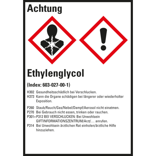Gefahrstoffkennzeichen: Ethylenglykol, 2 GHS Symbole mit Text, Folie selbstklebend, 52 x 74 mm, 10 St./Bogen