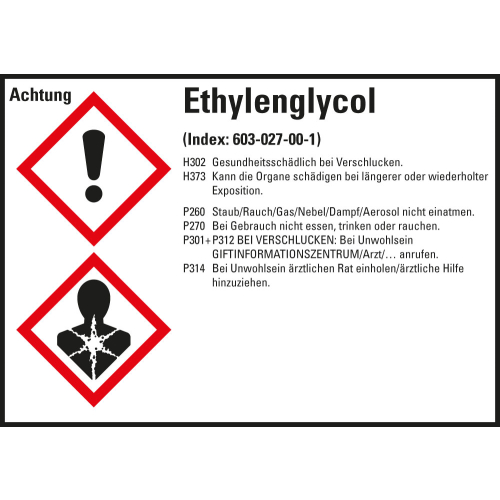 Gefahrstoffkennzeichen: Ethylenglykol, 2 GHS Symbole mit Text, Folie selbstklebend, 105 x 74 mm, 8 St./Bogen
