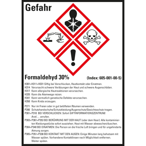 Gefahrstoffkennzeichen: Formaldehyd 30%, 4 GHS Symbole mit Text, Folie selbstklebend, 52 x 74 mm, 10 St./Bogen Gefahrstoffkennzeichen: Formaldehyd 30%, 4 GHS Symbole mit Text, Folie selbstklebend, 52 x 74 mm, 10 St./Bogen