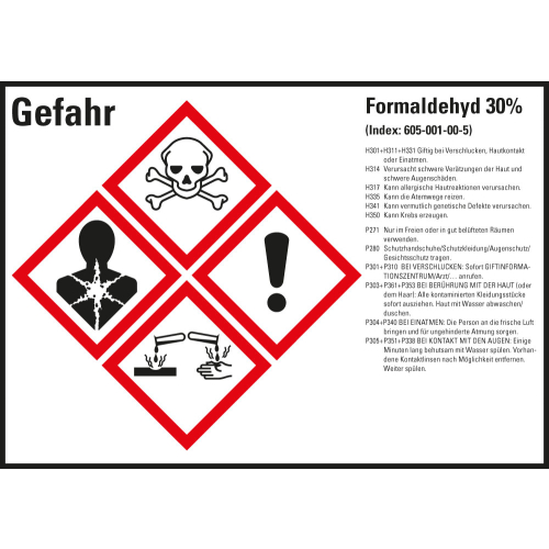 Gefahrstoffkennzeichen: Formaldehyd 30%, 4 GHS Symbole mit Text, Folie selbstklebend, 105 x 74 mm, 8 St./Bogen Gefahrstoffkennzeichen: Formaldehyd 30%, 4 GHS Symbole mit Text, Folie selbstklebend, 105 x 74 mm, 8 St./Bogen