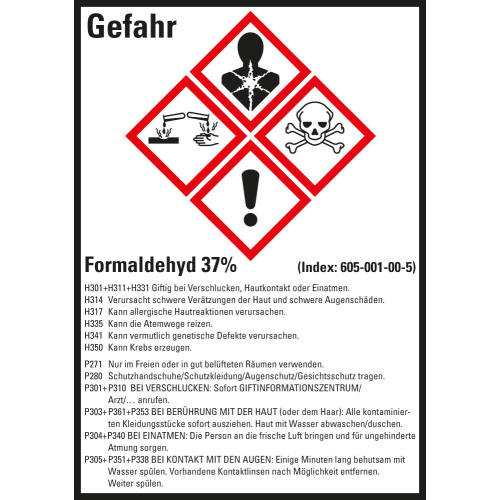 Gefahrstoffkennzeichen: Formaldehyd 37%, 4 GHS Symbole mit Text, Folie selbstklebend, 52 x 74 mm, 10 St./Bogen Gefahrstoffkennzeichen: Formaldehyd 37%, 4 GHS Symbole mit Text, Folie selbstklebend, 52 x 74 mm, 10 St./Bogen