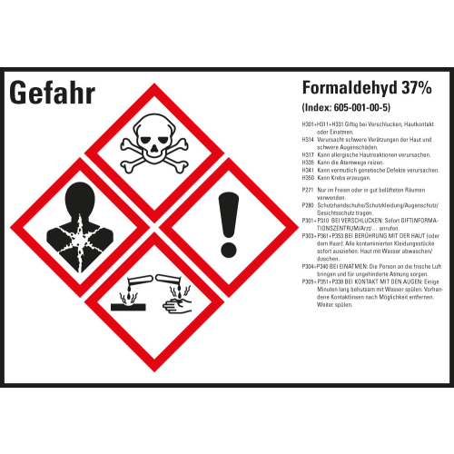 Gefahrstoffkennzeichen: Formaldehyd 37%, 4 GHS Symbole mit Text, Folie selbstklebend, 105 x 74 mm, 8 St./Bogen Gefahrstoffkennzeichen: Formaldehyd 37%, 4 GHS Symbole mit Text, Folie selbstklebend, 105 x 74 mm, 8 St./Bogen