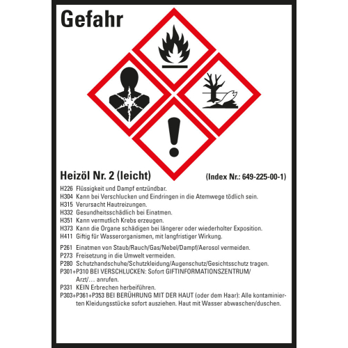 Gefahrstoffkennzeichen: Heizöl Nr. 2 (leicht), 4 GHS Symbole mit Text, Folie selbstklebend, 52 x 74 mm, 10 St./Bogen Gefahrstoffkennzeichen: Heizöl Nr. 2 (leicht), 4 GHS Symbole mit Text, Folie selbstklebend, 52 x 74 mm, 10 St./Bogen