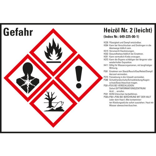 Gefahrstoffkennzeichen: Heizöl Nr. 2 (leicht), 4 GHS Symbole mit Text, Folie selbstklebend, 105 x 74 mm, 8 St./Bogen Gefahrstoffkennzeichen: Heizöl Nr. 2 (leicht), 4 GHS Symbole mit Text, Folie selbstklebend, 105 x 74 mm, 8 St./Bogen