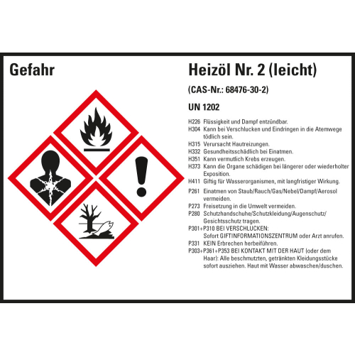 Gefahrstoffkennzeichen: Heizöl Nr. 2 (leicht) UN 1202, 4 GHS Symbole mit Text, Folie selbstklebend, 148 x 105 mm, 4 St./Bogen