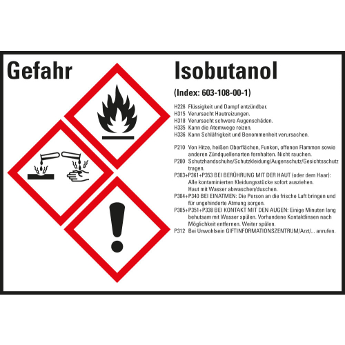Gefahrstoffkennzeichen: Isobutanol, 3 GHS Symbole mit Text, Folie selbstklebend, 105 x 74 mm, 8 St./Bogen Gefahrstoffkennzeichen: Isobutanol, 3 GHS Symbole mit Text, Folie selbstklebend, 105 x 74 mm, 8 St./Bogen