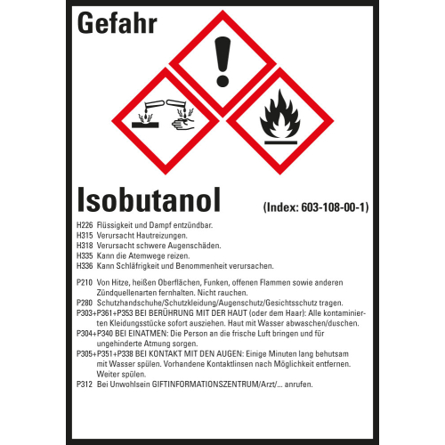 Gefahrstoffkennzeichen: Isobutanol, 3 GHS Symbole mit Text, Folie selbstklebend, 52 x 74 mm, 10 St./Bogen Gefahrstoffkennzeichen: Isobutanol, 3 GHS Symbole mit Text, Folie selbstklebend, 52 x 74 mm, 10 St./Bogen
