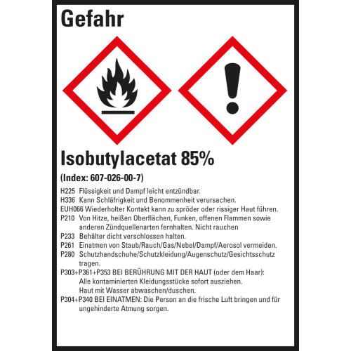 Gefahrstoffkennzeichen: Isobutylacetat 85%, 2 GHS Symbole mit Text, Folie selbstklebend, 52 x 74 mm, 10 St./Bogen Gefahrstoffkennzeichen: Isobutylacetat 85%, 2 GHS Symbole mit Text, Folie selbstklebend, 52 x 74 mm, 10 St./Bogen
